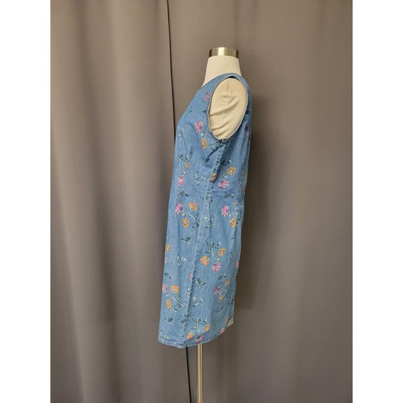 Studio Ease Denim Dress Blue Floral Button Back Sleeveless Vintage USA Size 16 - Picture 5 of 8